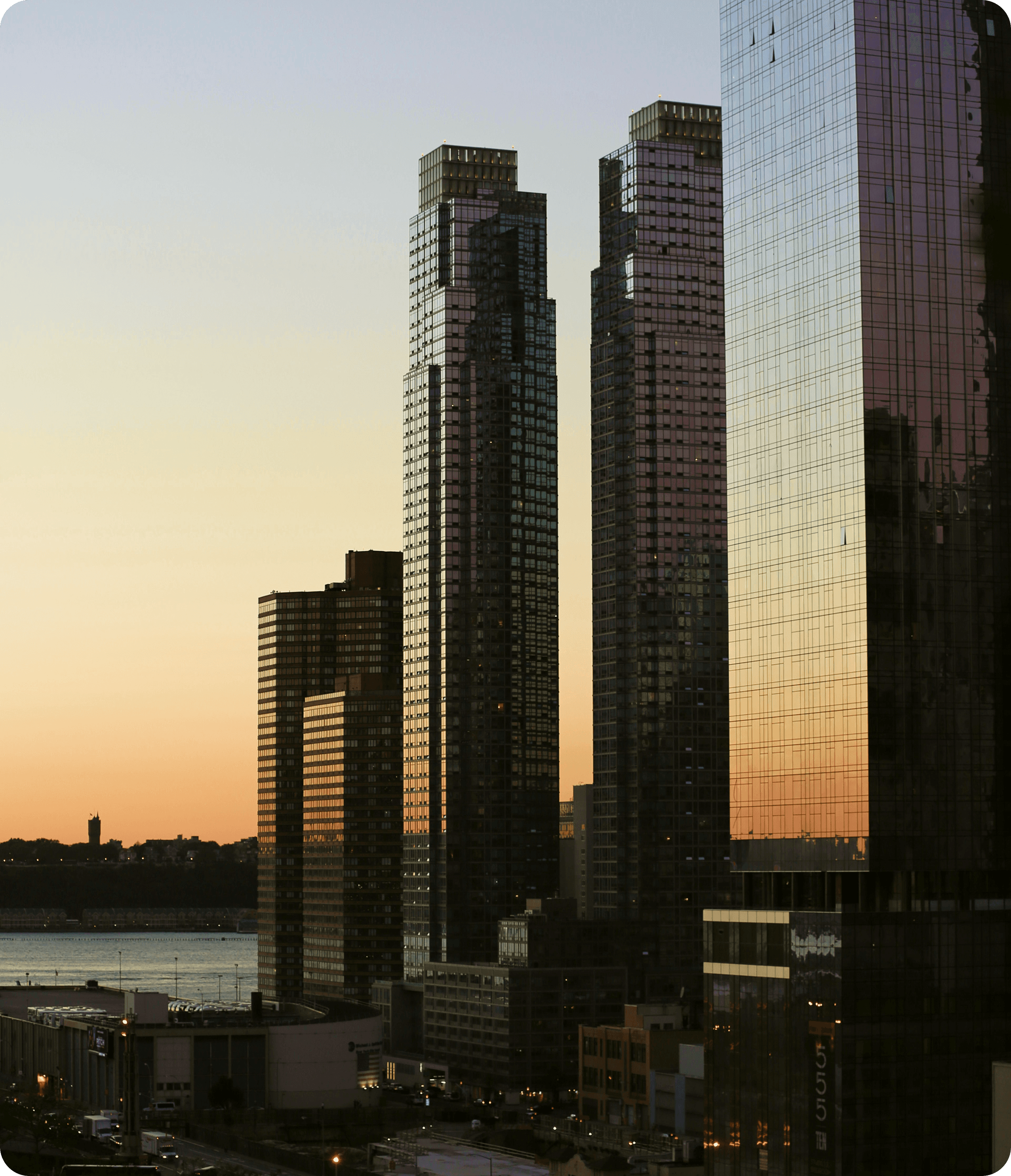 City skyline at sunset